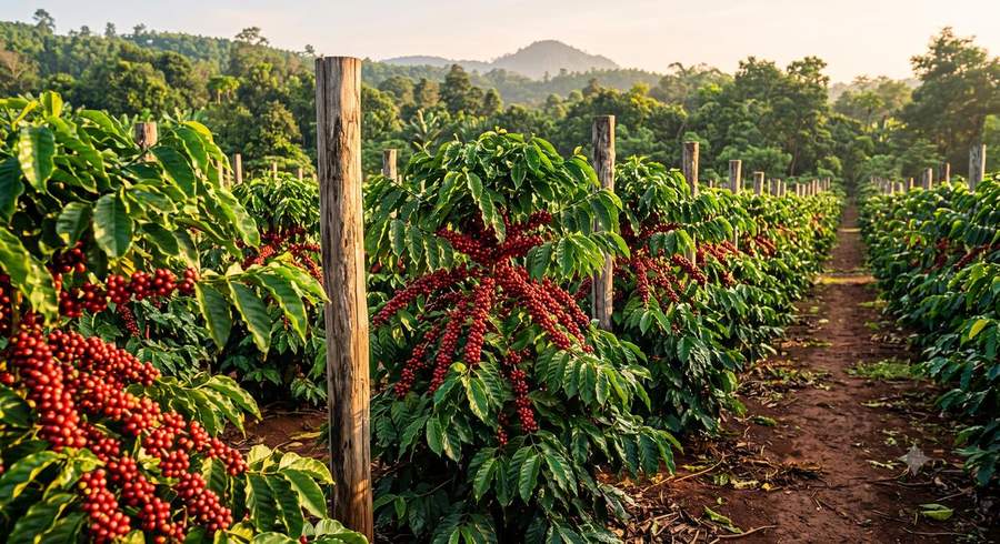 Vườn cà phê robusta chín đỏ
